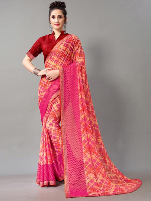 pink chiffon printed saree with blouse - 18287281 - Very Small Image - 1