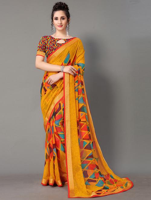 yellow georgette printed saree with blouse - 18287285 - Very Small Image - 1