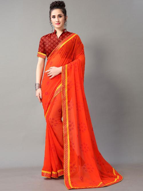 orange georgette printed saree with blouse - 18287308 - Very Small Image - 1