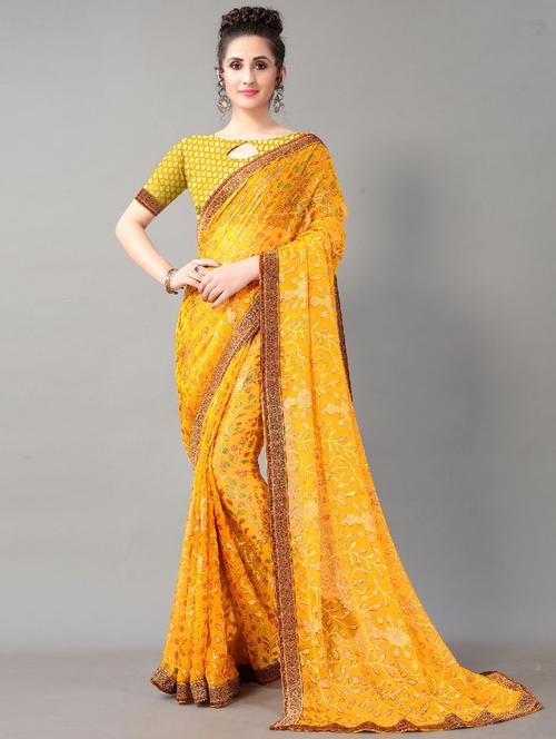 yellow chiffon printed saree with blouse - 18287322 - Very Small Image - 1