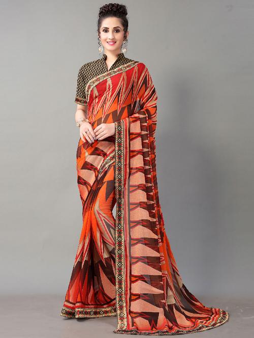 orange chiffon printed saree with blouse - 18287325 - Very Small Image - 1