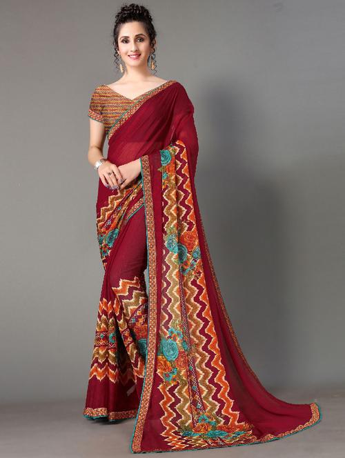 maroon chiffon printed saree with blouse - 18287331 - Very Small Image - 1