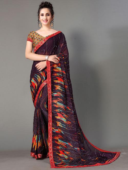 purple chiffon printed saree with blouse - 18287337 - Very Small Image - 1