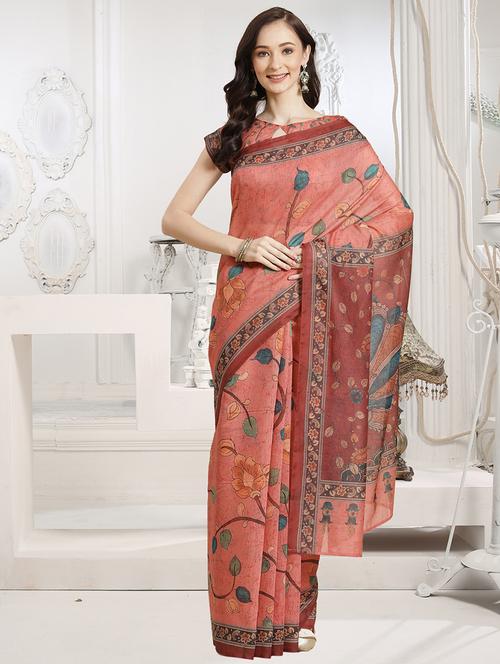pink chanderi printed saree with blouse - 18287449 - Very Small Image - 1
