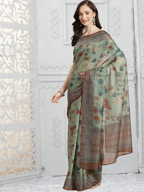 green chanderi printed saree with blouse - 18287452 - Very Small Image - 1