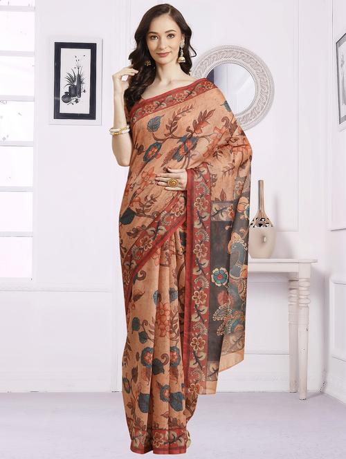 orange chanderi printed saree with blouse - 18287460 - Very Small Image - 1