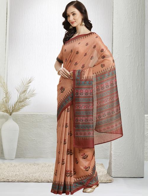 orange chanderi printed saree with blouse - 18287462 - Very Small Image - 1