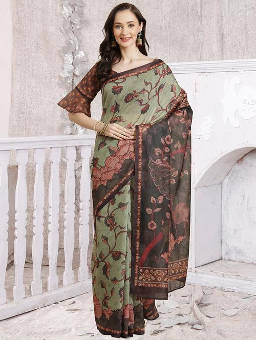 green chanderi printed saree - 18287465 - Very Small Image - 1