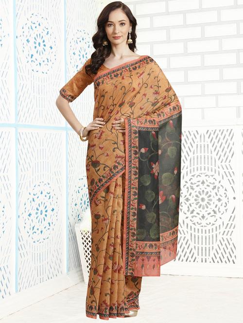 yellow chanderi printed saree with blouse - 18287484 - Very Small Image - 1