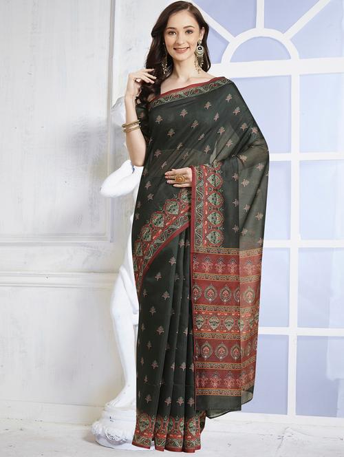 green chanderi printed saree with blouse - 18287489 - Very Small Image - 1