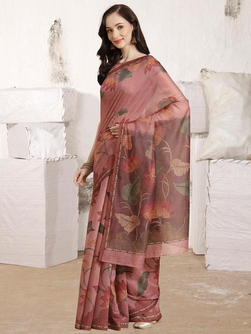 pink chanderi printed saree with blouse - 18287492 - Very Small Image - 1