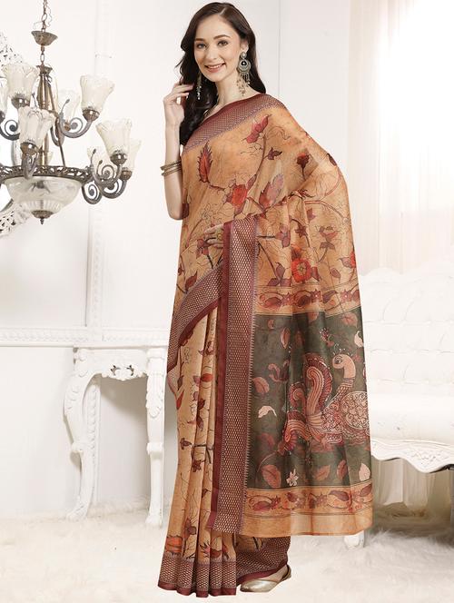 orange chanderi printed saree with blouse - 18287494 - Very Small Image - 1