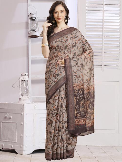 grey chanderi printed saree with blouse - 18287498 - Very Small Image - 1