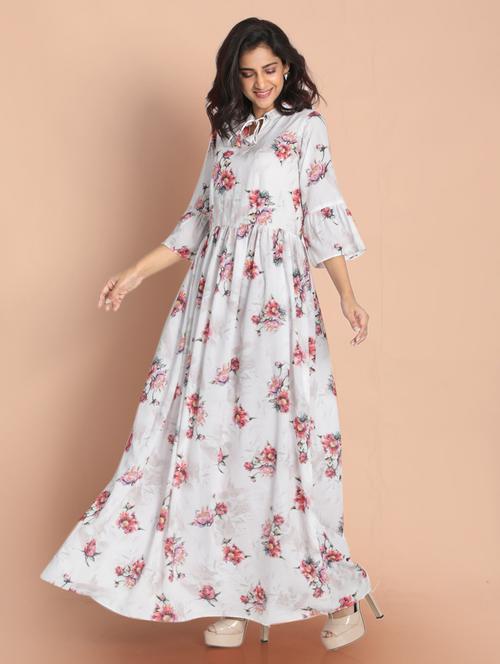 white printed a-line ethnic dress - 18287763 - Very Small Image - 1