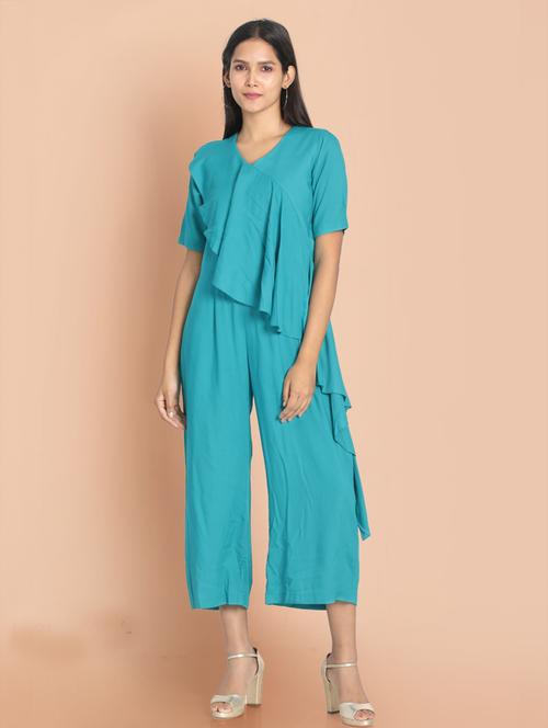 v-neck solid full leg jumpsuit - 18289339 - Very Small Image - 1