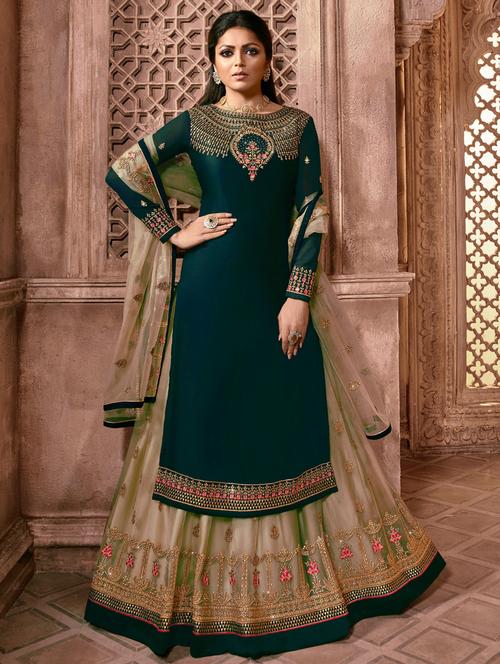 teal embroidered kurta-skirt semi-stitched suit set - 18289478 - Very Small Image - 1