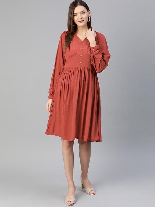 v-neck self design a-line dress - 18290133 - Very Small Image - 1