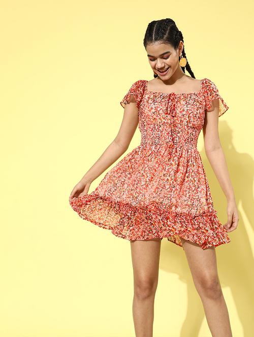 square neck printed a-line dress - 18290192 - Very Small Image - 1