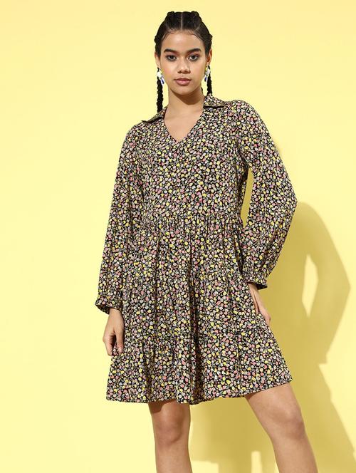 shirt collar floral flared dress - 18290206 - Very Small Image - 1