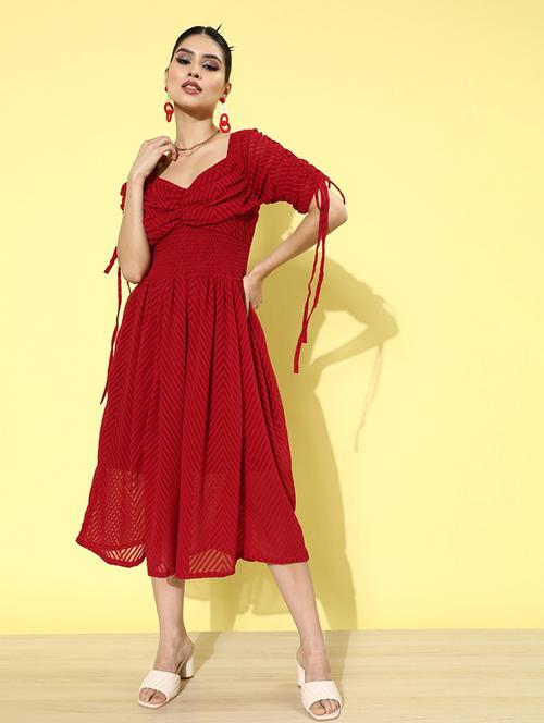 tie knot sleeved self design flared dress - 18290209 - Very Small Image - 1