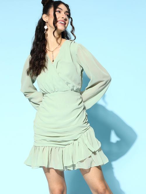 v-neck solid a-line dress - 18290289 - Very Small Image - 1