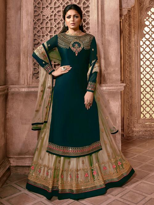 embroidered semi-stitched kurta skirt set - 18290412 - Very Small Image - 1