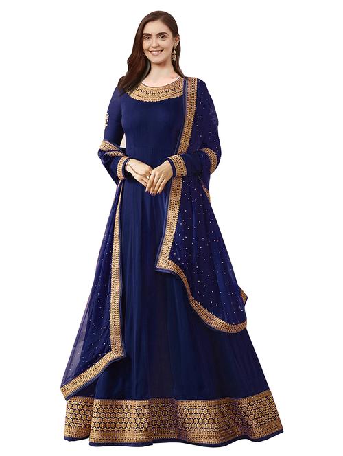 navy blue semi-stitched anarkali suit set - 18290469 - Very Small Image - 1