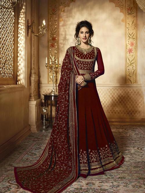 maroon georgette semistitched suit - 18290477 - Very Small Image - 1