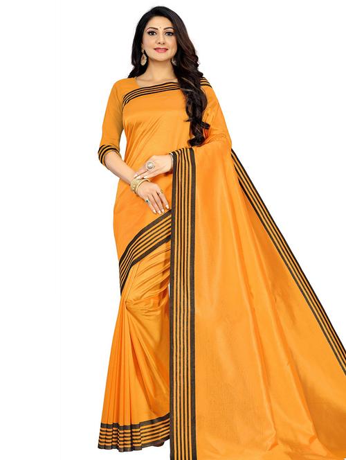yellow solid with border saree with blouse - 18290503 - Very Small Image - 1
