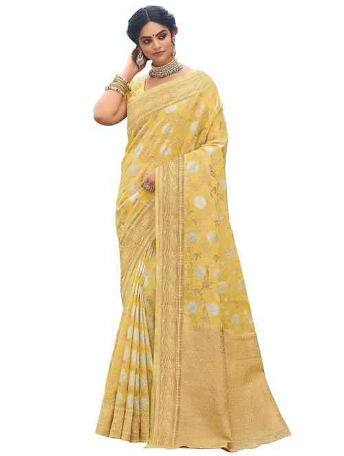 yellow linen saree with blouse - 18290696 - Very Small Image - 1