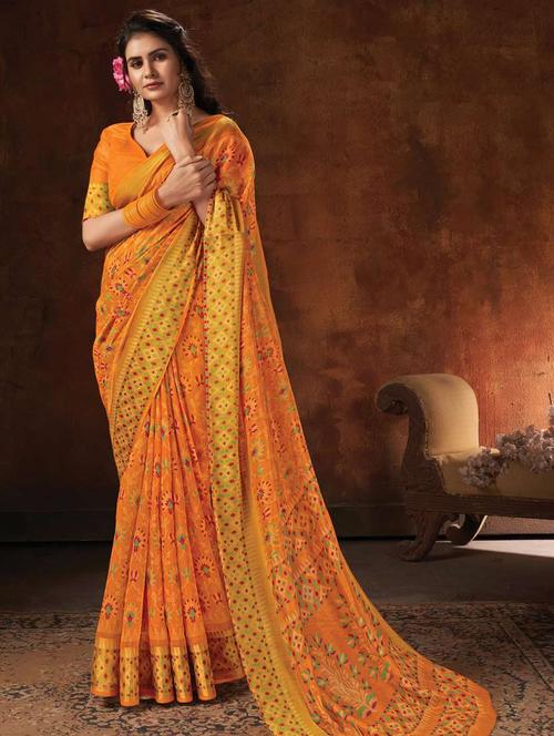 yellow cotton printed saree - 18290717 - Very Small Image - 1