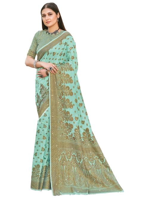 turquoise woven saree with blouse - 18290904 - Very Small Image - 1
