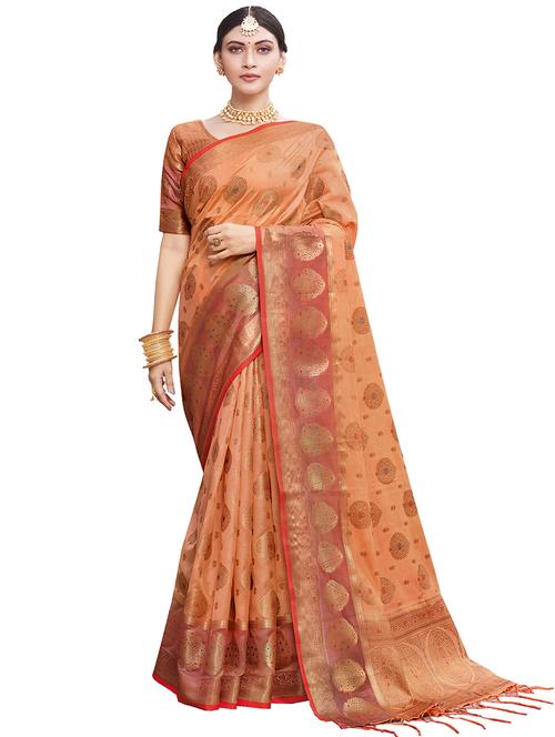 peach organza saree - 18292158 - Very Small Image - 1