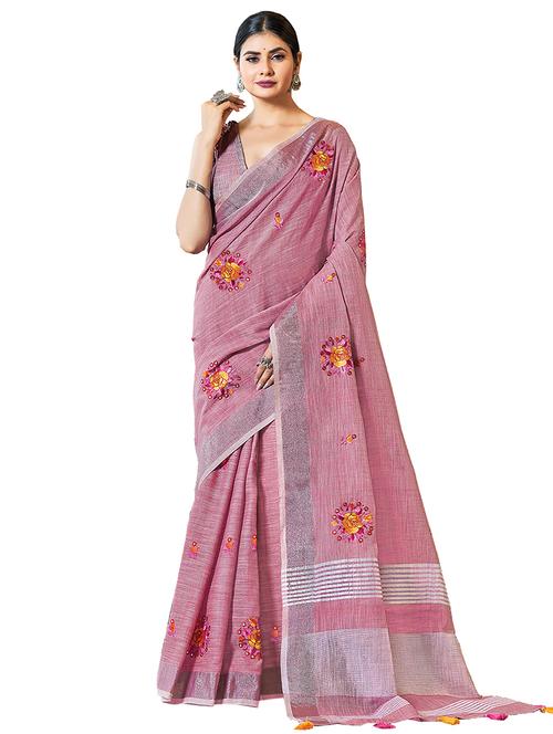 purple linen embroidered saree - 18292192 - Very Small Image - 1