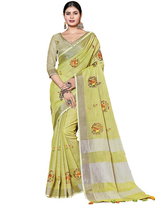 yellow linen embroidered saree - 18292194 - Very Small Image - 1