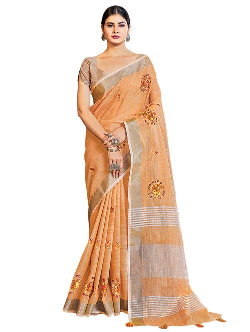 orange linen embroidered saree - 18292195 - Very Small Image - 1