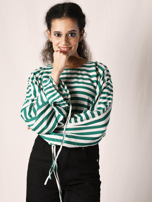 horizontal stripes top with gathered sleeves - 18292865 - Very Small Image - 1