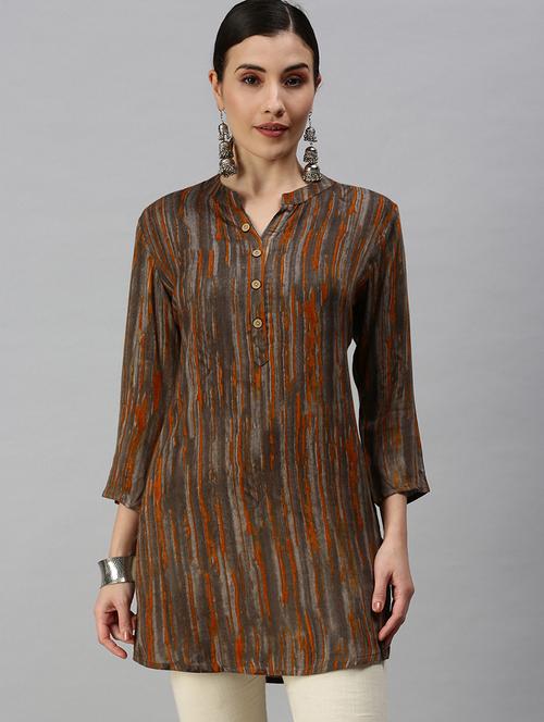 brown cotton blend side slit kurti - 18292888 - Very Small Image - 1