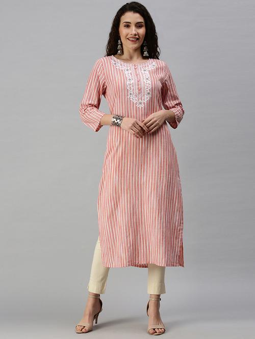orange cotton blend straight kurta - 18292966 - Very Small Image - 1