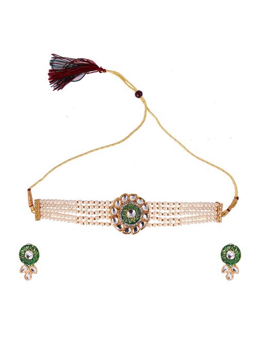elegant gold plated green with golden pearl choker necklace set - 18293996 - Very Small Image - 1