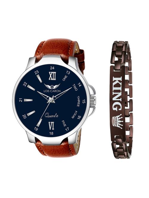 lois caron lcs-7505 blue dial + brown leather strap + king bracelet analog watch - for men - 18294159 - Very Small Image - 1