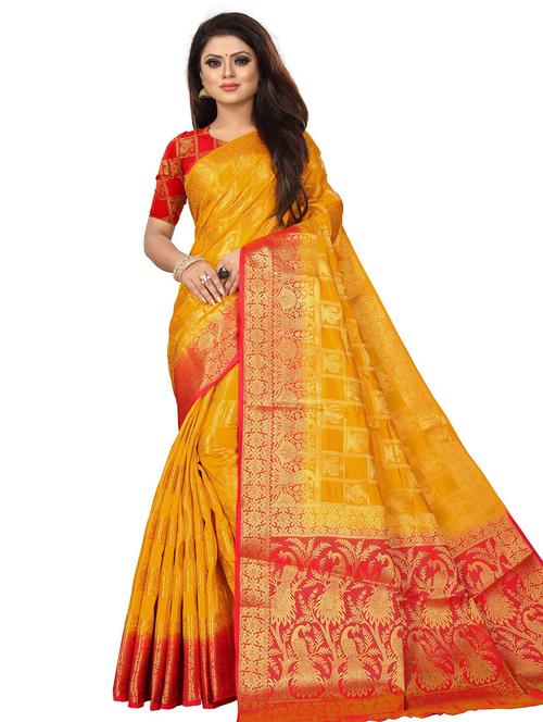 yellow nylon bordered saree with blouse - 18294497 - Very Small Image - 1
