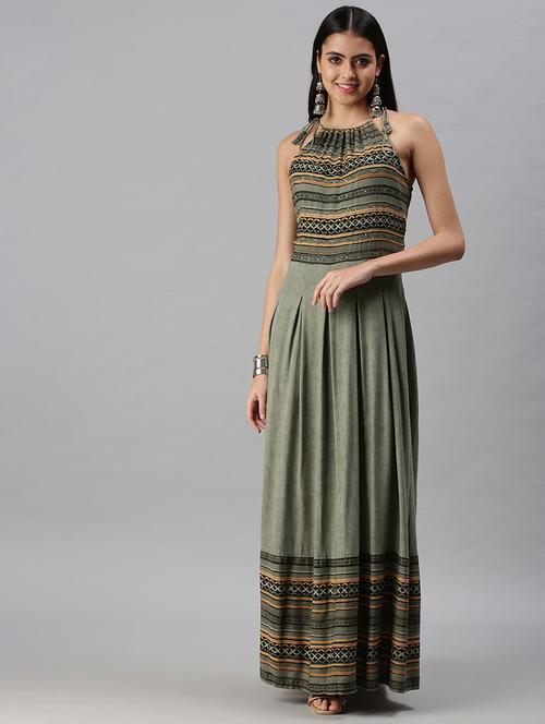 olive striped long ethnic dress - 18294557 - Very Small Image - 1