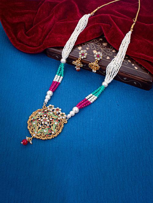 gold plated colour stone & beads short necklace set - 18296740 - Very Small Image - 1