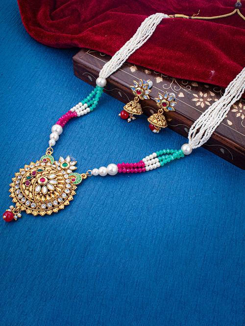 gold plated colour stone & beads short necklace set - 18296763 - Very Small Image - 1