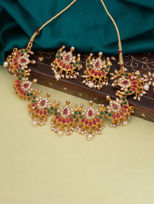 gold plated colour stone & pearl collar necklace set - 18297096 - Very Small Image - 1