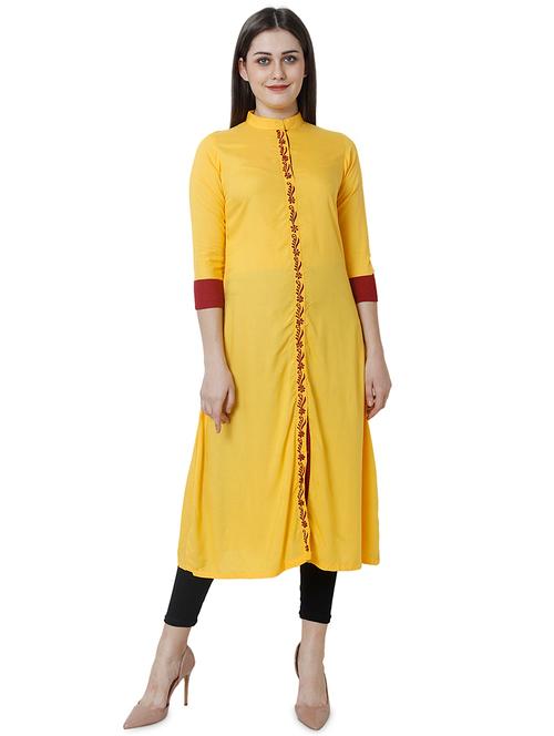 yellow solid a-line kurta - 18297306 - Very Small Image - 1