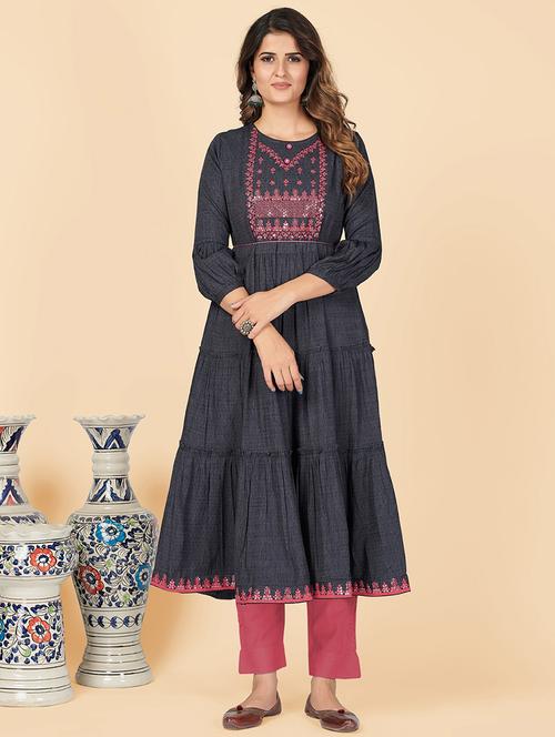 grey rayon anarkali kurta - 18298165 - Very Small Image - 1
