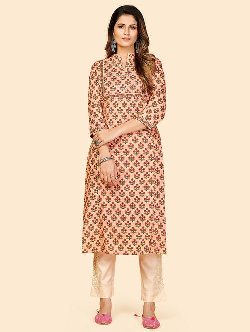 peach cotton straight kurta - 18298173 - Very Small Image - 1