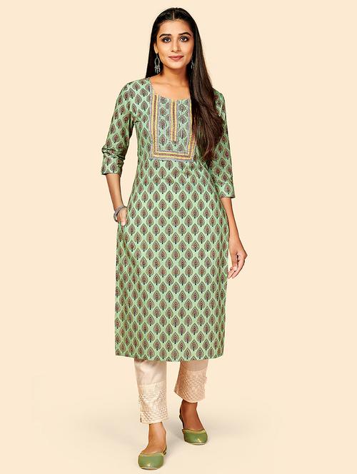 green cotton straight kurta - 18298197 - Very Small Image - 1